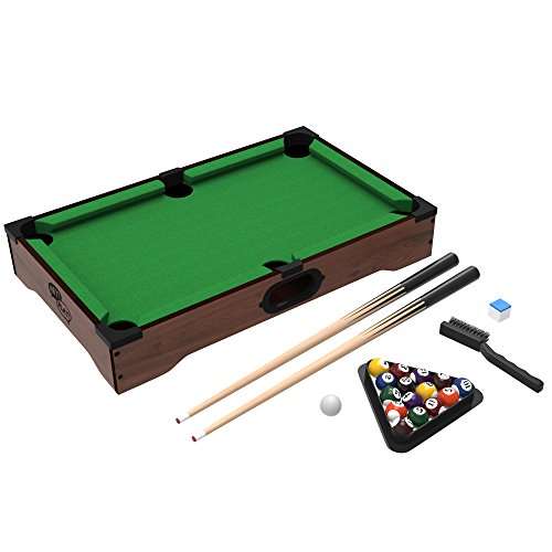 Mini Tabletop Pool Set- Billiards Game Includes Game Balls, Sticks, Chalk, Brush and Triangle-Porta