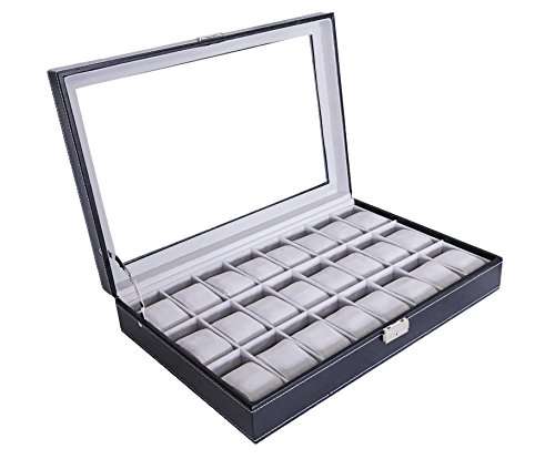Sodynee Watch Box Large 24 Mens Black Leather Display Glass Top Jewelry Case Organizer