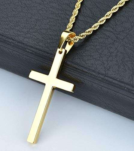 Q&S Jewels Mens Cross Pendant Necklace 3MM Diamond Cut Rope Chain Stainless Steel 18K Go..