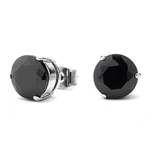 Black CZ Onyx Round Cut Stud Earrings Men and Women Unisex 6mm Onyx Cubic Zirconia Rhodium Post Ear