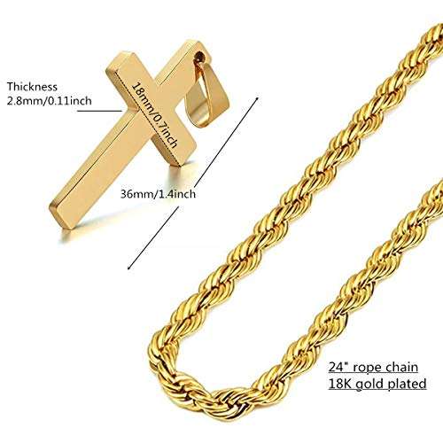 Q&S Jewels Mens Cross Pendant Necklace 3MM Diamond Cut Rope Chain Stainless Steel 18K Go..