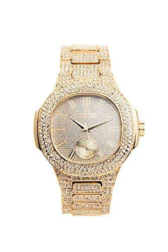Bling-ed Out Oblong Case Metal Mens Watch - 8475 - Gold/Gold