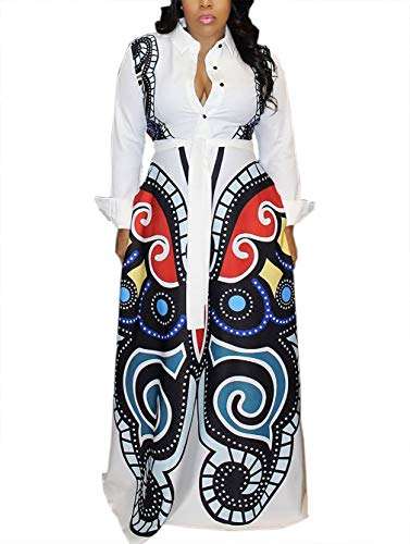 LROSEY Womens Casual Button Down Long Sleeve Maxi Dress Deep V Neck African Floral Elegant A Line Lo