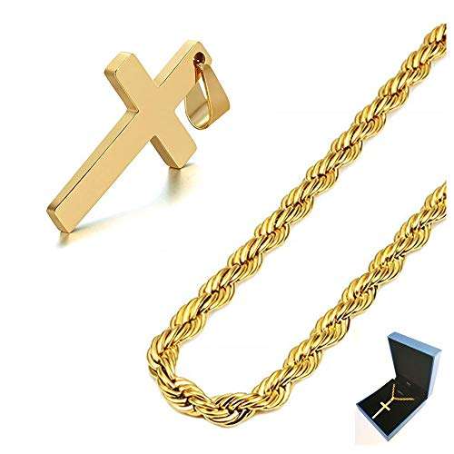 Q&S Jewels Mens Cross Pendant Necklace 3MM Diamond Cut Rope Chain Stainless Steel 18K Go..
