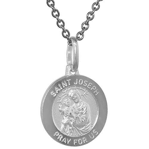 Dainty Sterling Silver St Joseph Medal Necklace 5/8 inch Round Italy 0.8mm Chain
