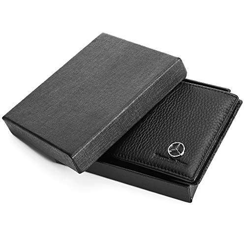 Genuine Leather Bifold Wallet with 3 Card Slots and ID Window For Mercedes Benz (Black, Merce..