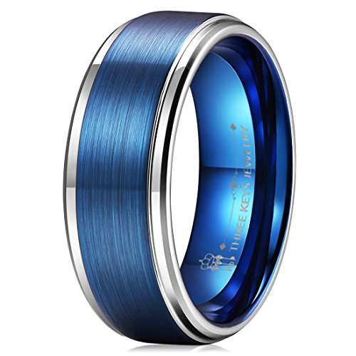 Three Keys Jewelry 8mm Mens Tungsten Wedding Ring Blue Brushed Silver Edge Wedding Band Engagement