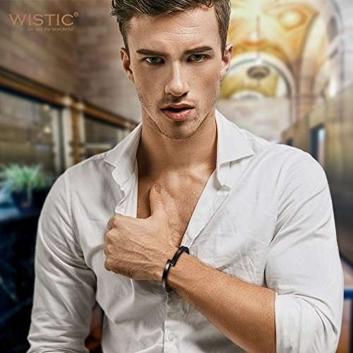 Wistic Black Bracelet with Stainless Steel Bangle Cuff and Magnetic-Clasp Plain Polished..