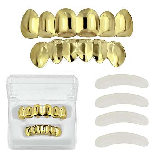 TOPGRILLZ 18K Gold Plated Hip Hop Custom Fit Top Bottom Teeth Grillz Caps 4 Silicon Molding Bars (2