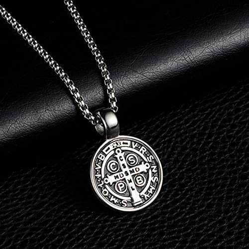 ENHONG Men's St Benedict Exorcism Pendant Necklace Stainless Steel Catholic Roman Cross Demon Prote