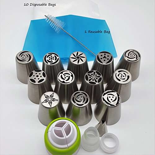 New 27pcs Russian Piping Tips Set Stainless Steel Icing Nozzles 10 Disposable Bags Cake Decorating
