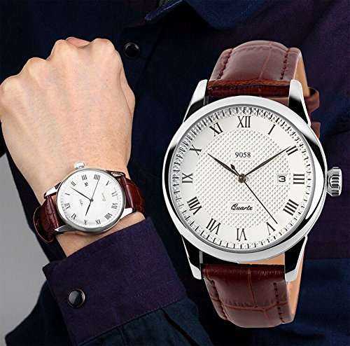 Mens Analog Quartz Wrist Watch - Classic Casual Watch with Brown Leather Band Large Face Watches for