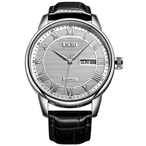 BUREI Men's Business Analogue Quartz Wrist Watch with Day Date Calendar and Calfskin Leather Band