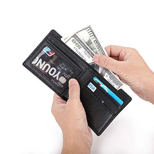 Genuine Leather Bifold Wallet with 3 Card Slots and ID Window For Mercedes Benz (Black, Merce..