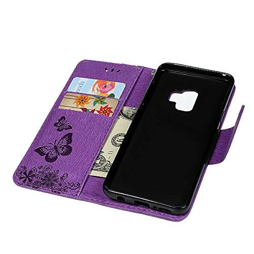 S9 Case, Samsung Galaxy S9 Case, Wallet Case Cover 3D Embossed Butterfly Totem Mandala Flower Flora