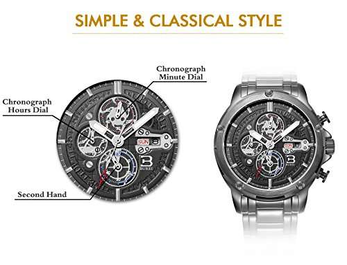 BUREI Men Chronograph Sports Wrist Watches with Black Dial Metal Bracelet