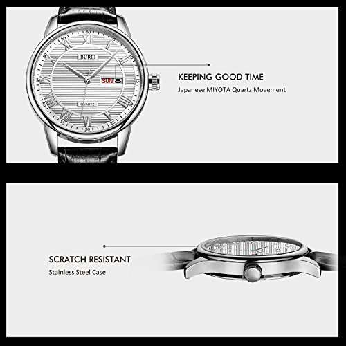 BUREI Men's Business Analogue Quartz Wrist Watch with Day Date Calendar and Calfskin Leather Band