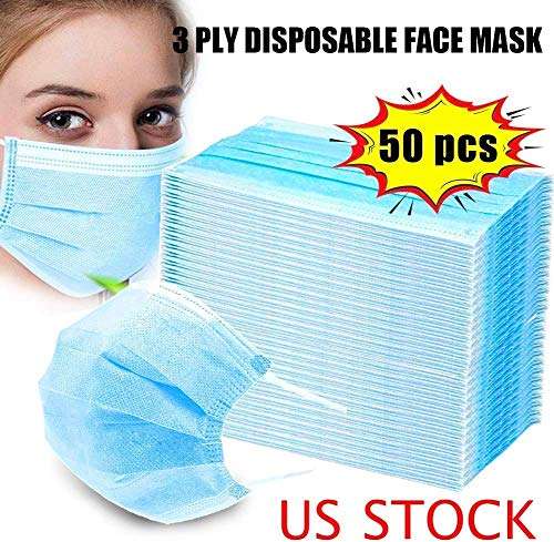 50 PCS Disposable 3-Ply Safety Mask Medical Surgical Mask Face Mask Viral Mask Dental Earloop Polypr