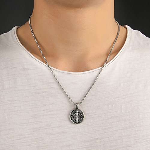ENHONG Men's St Benedict Exorcism Pendant Necklace Stainless Steel Catholic Roman Cross Demon Prote