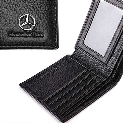 Genuine Leather Bifold Wallet with 3 Card Slots and ID Window For Mercedes Benz (Black, Merce..