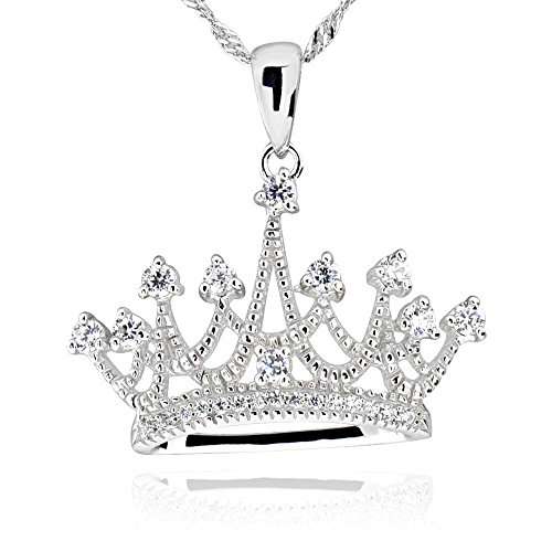 GemsChest Sterling Silver Round Cubic Zirconia Crown Pendant Necklace 18" Chain