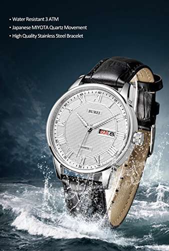 BUREI Men's Business Analogue Quartz Wrist Watch with Day Date Calendar and Calfskin Leather Band