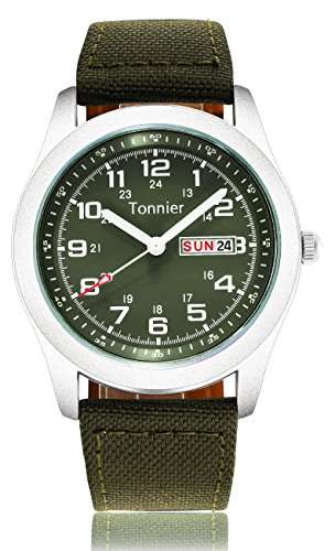 Tonnier Men's Weekender&Calendar Analog Green Canvas Strap Mans Watches