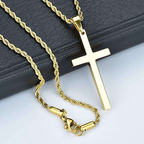 Q&S Jewels Mens Cross Pendant Necklace 3MM Diamond Cut Rope Chain Stainless Steel 18K Go..