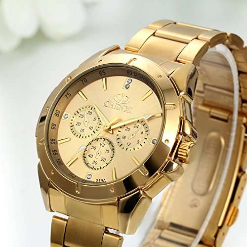 JewelryWe Birthday Gifts Mens Wrist Watches Gold Stainless Steel Analog Black Dial with Rhinestones
