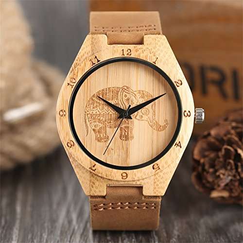 Unisex Bamboo Wood Quartz Watch Elephant Engraving Dial With Brown Genuine Leather Band Wooden Case