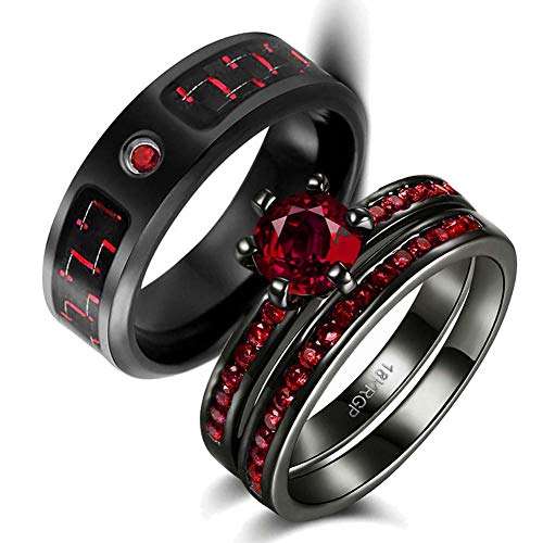 wedding ring set Two Rings His Hers Couples Matching Rings Women's 2pc Black Gold Filled..