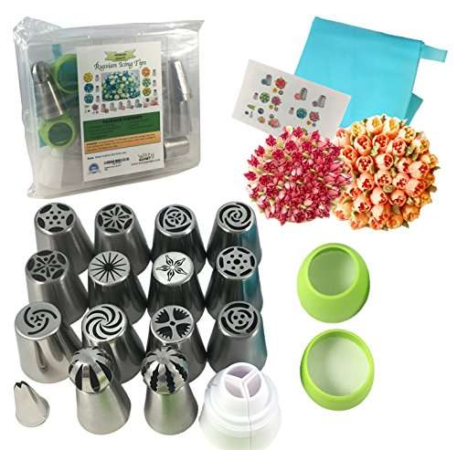 Premium Russian Piping Tips Cake Decorating Supplies The COMPLETE Set -12 Unique Icing Nozzles, 2 S