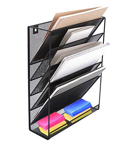 Wall Mounted File Organizer Holder Metal Mesh Magazine Rack for Office and Study Room, Black