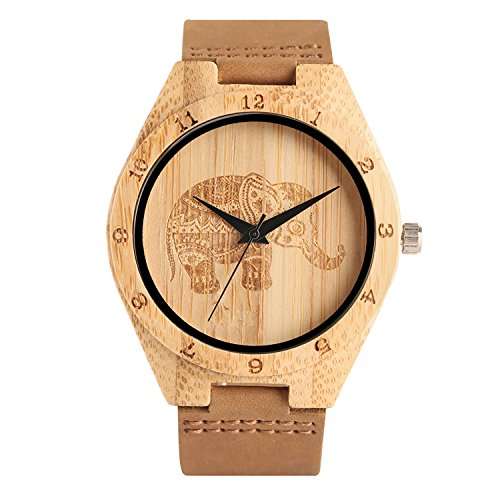 Unisex Bamboo Wood Quartz Watch Elephant Engraving Dial With Brown Genuine Leather Band Wooden Case