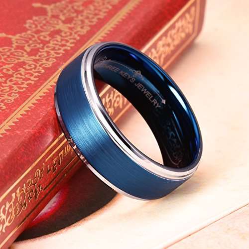 Three Keys Jewelry 8mm Mens Tungsten Wedding Ring Blue Brushed Silver Edge Wedding Band Engagement