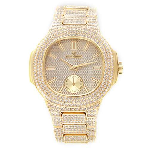 Bling-ed Out Oblong Case Metal Mens Watch - 8475 - Gold/Gold