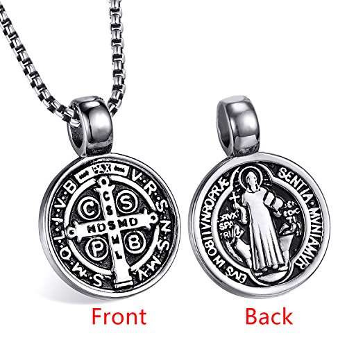 ENHONG Men's St Benedict Exorcism Pendant Necklace Stainless Steel Catholic Roman Cross Demon Prote