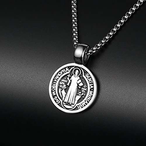 ENHONG Men's St Benedict Exorcism Pendant Necklace Stainless Steel Catholic Roman Cross Demon Prote