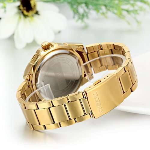 JewelryWe Birthday Gifts Mens Wrist Watches Gold Stainless Steel Analog Black Dial with Rhinestones