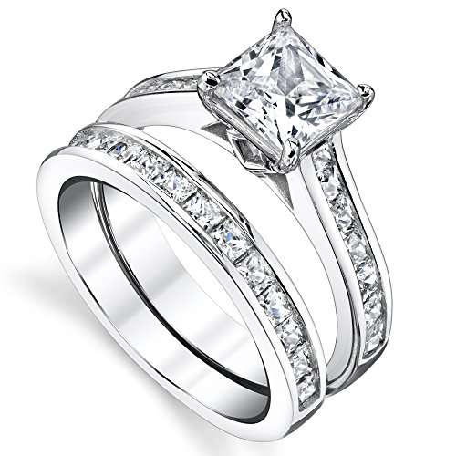 Sterling Silver Princess Cut Bridal Set Engagement Wedding Ring Bands With Cubic Zirconia