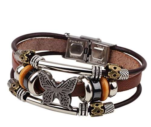 Most Beloved Charm Butterfly Beaded Multilayer Leather Bracelet Retro Cuff With Metal Clasp