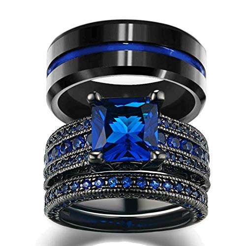 LOVERSRING His and Hers Wedding Ring Sets Couples Rings Women 10K Black Gold Filled Blue..