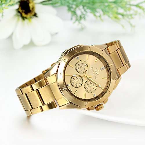 JewelryWe Birthday Gifts Mens Wrist Watches Gold Stainless Steel Analog Black Dial with Rhinestones