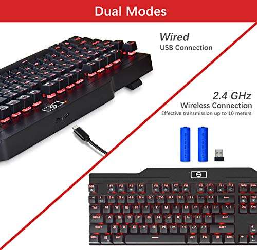 Mechanical Keyboard, UtechSmart Mercury LED Backlit Full Size 2.4 GHz Wireless/USB Wired Dual..