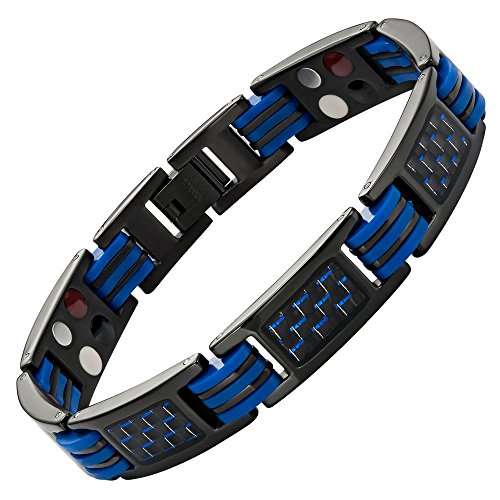 Blue Carbon Fiber Titanium Magnetic 4 Element Bracelet Double Strength Adjusting Tool and Gift Box