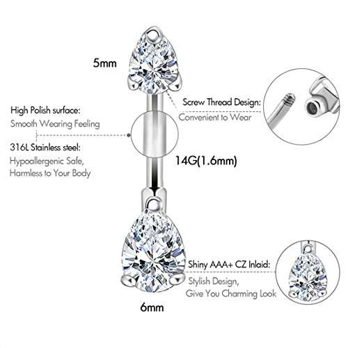 OUFER 14G 316L Surgical Steel Belly Button Rings Double Teardrop CZ Navel Rings Belly Piercing