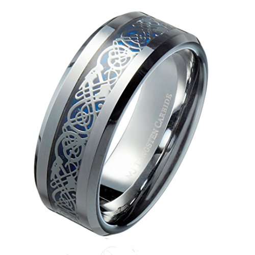 MJ 8mm Blue Celtic Dragon Men's/Women's Tungsten Carbide Wedding Band Ring