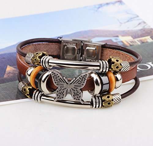 Most Beloved Charm Butterfly Beaded Multilayer Leather Bracelet Retro Cuff With Metal Clasp