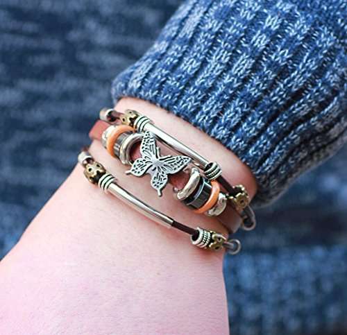 Most Beloved Charm Butterfly Beaded Multilayer Leather Bracelet Retro Cuff With Metal Clasp
