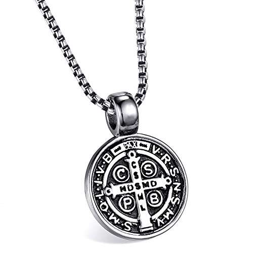ENHONG Men's St Benedict Exorcism Pendant Necklace Stainless Steel Catholic Roman Cross Demon Prote